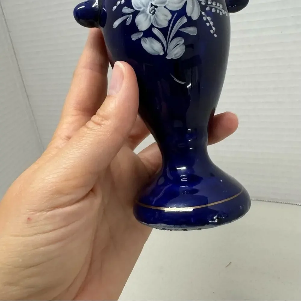 Vintage Blue Hand Painted Floral Vase Small With Handles Unmarked - Picture 3 of 6